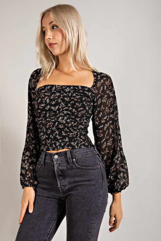 Black Ruched Floral Top (Size Small),Tops,FLORAL, LONG SLEEVE, SMOCKED- DEFIANT