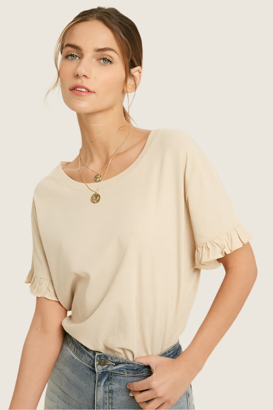 Mallerie Knit Top,Tops,BASIC, BASICS, KNIT, RUFFLE, SHORT SLEEVE, SOLID- DEFIANT