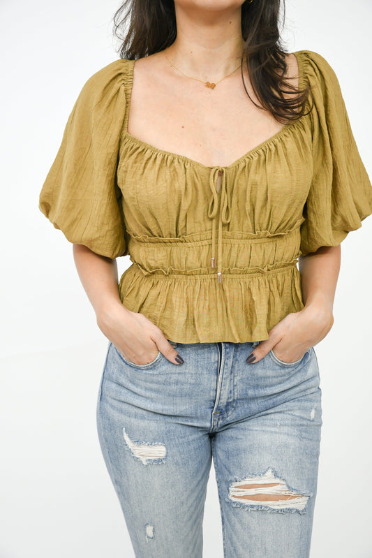 Here For It Puff Sleeve Top,Tops,PUFF SLEEVE, RUFFLE, SWEETHEART NECKLINE, TIE- DEFIANT