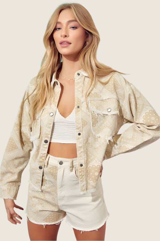Paisley Print Denim Jacket,Coats & Jackets,BANDANA, Buttons, DISTRESSED, JACKET, Neutral, PAISLEY- DEFIANT