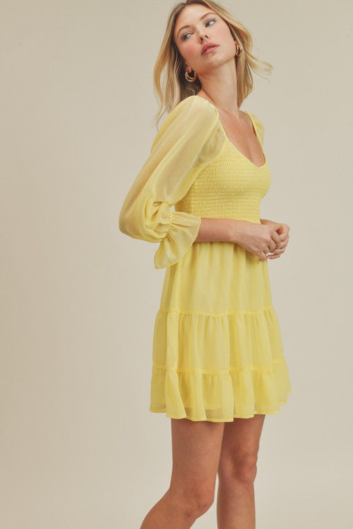 Emma Yellow Dress,Dresses,CASUAL DRESSES, LONG SLEEVE, MINI, RUFFLE, SMOCKED, TIERED- DEFIANT
