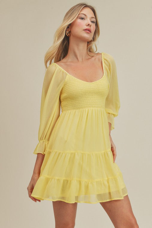 Emma Yellow Dress,Dresses,CASUAL DRESSES, LONG SLEEVE, MINI, RUFFLE, SMOCKED, TIERED- DEFIANT