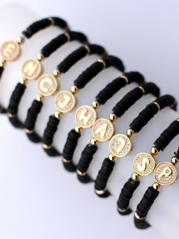 Black Initial Beaded Stretch Bracelet,Bracelets,BEADED, BRACELET, GOLD JEWELRY, STRETCH- DEFIANT