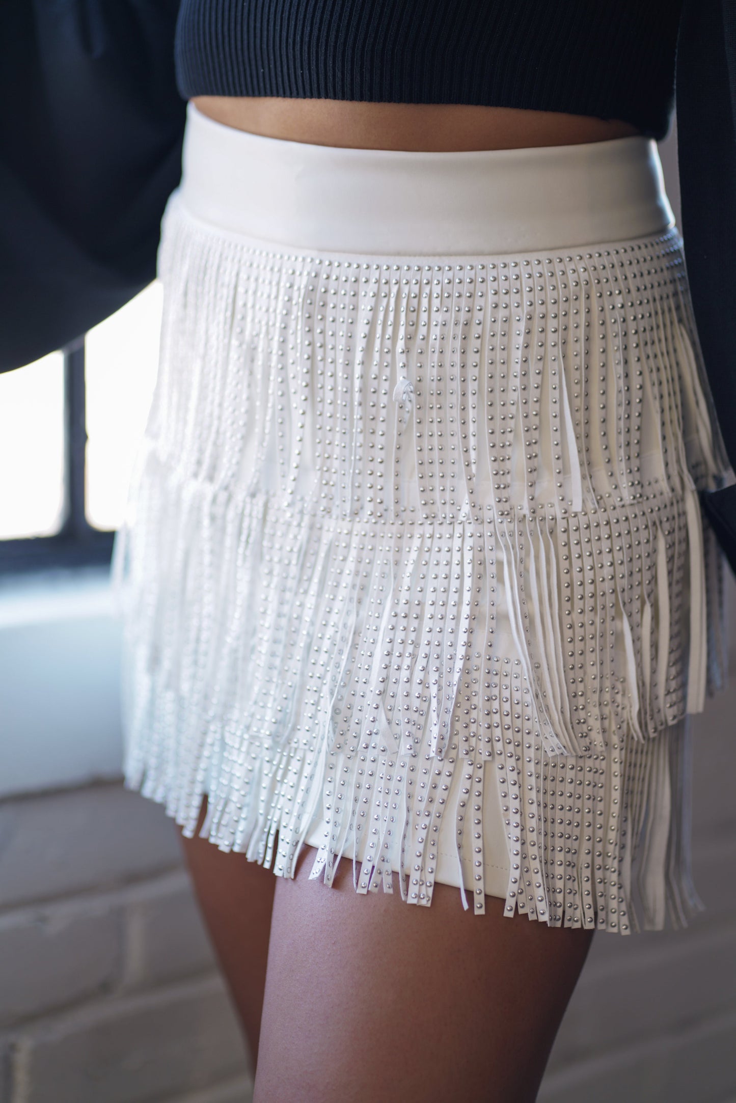 Fringe & Stud White Mini Skirt,Bottoms,Jan23, MINI SKIRT, MINISKIRT, SKIRT, SKIRTS- DEFIANT