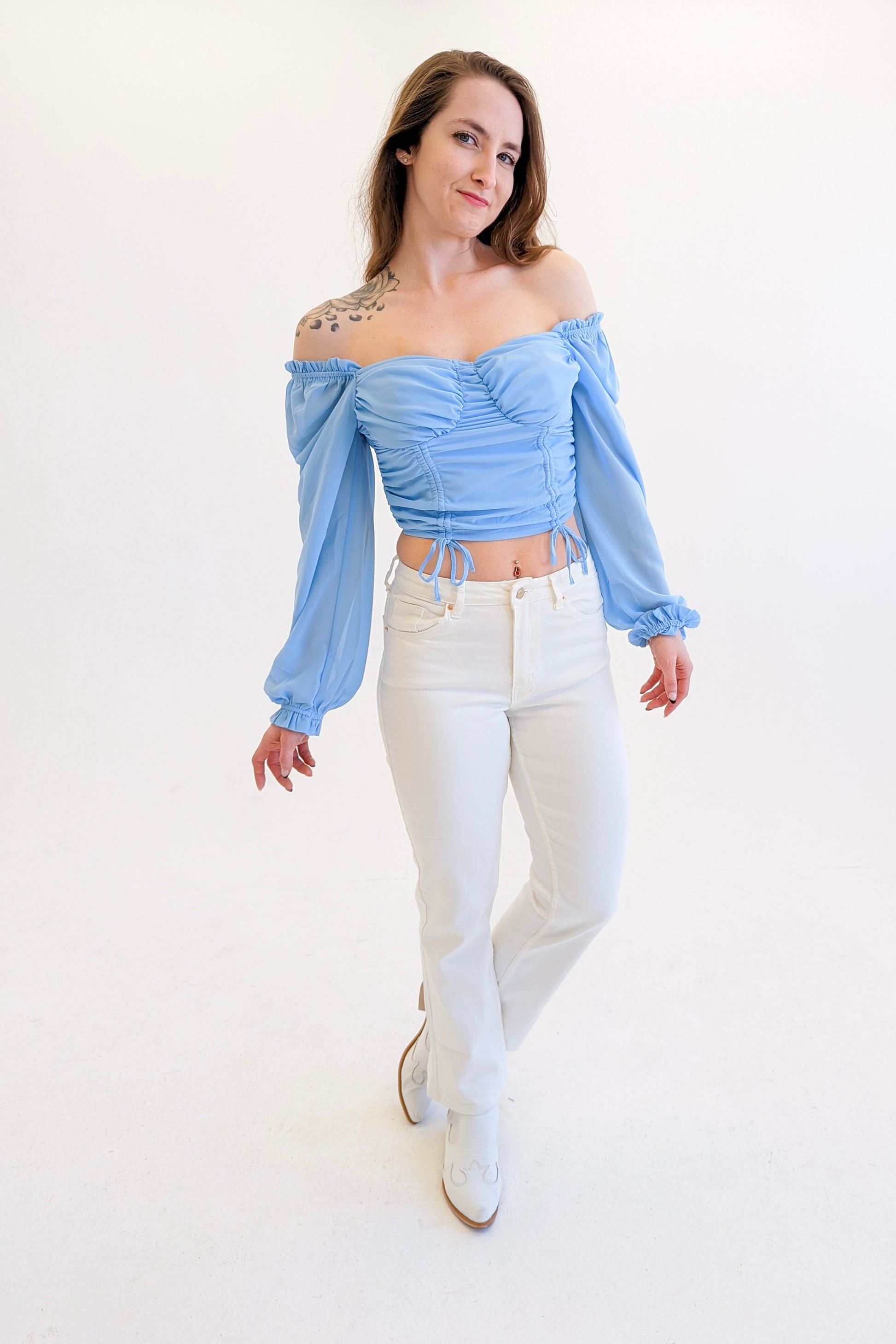 Renee Going Out Top,Tops,CROPPED, DRAWSTRING, LONG SLEEVE, SWEETHEART NECKLINE- DEFIANT