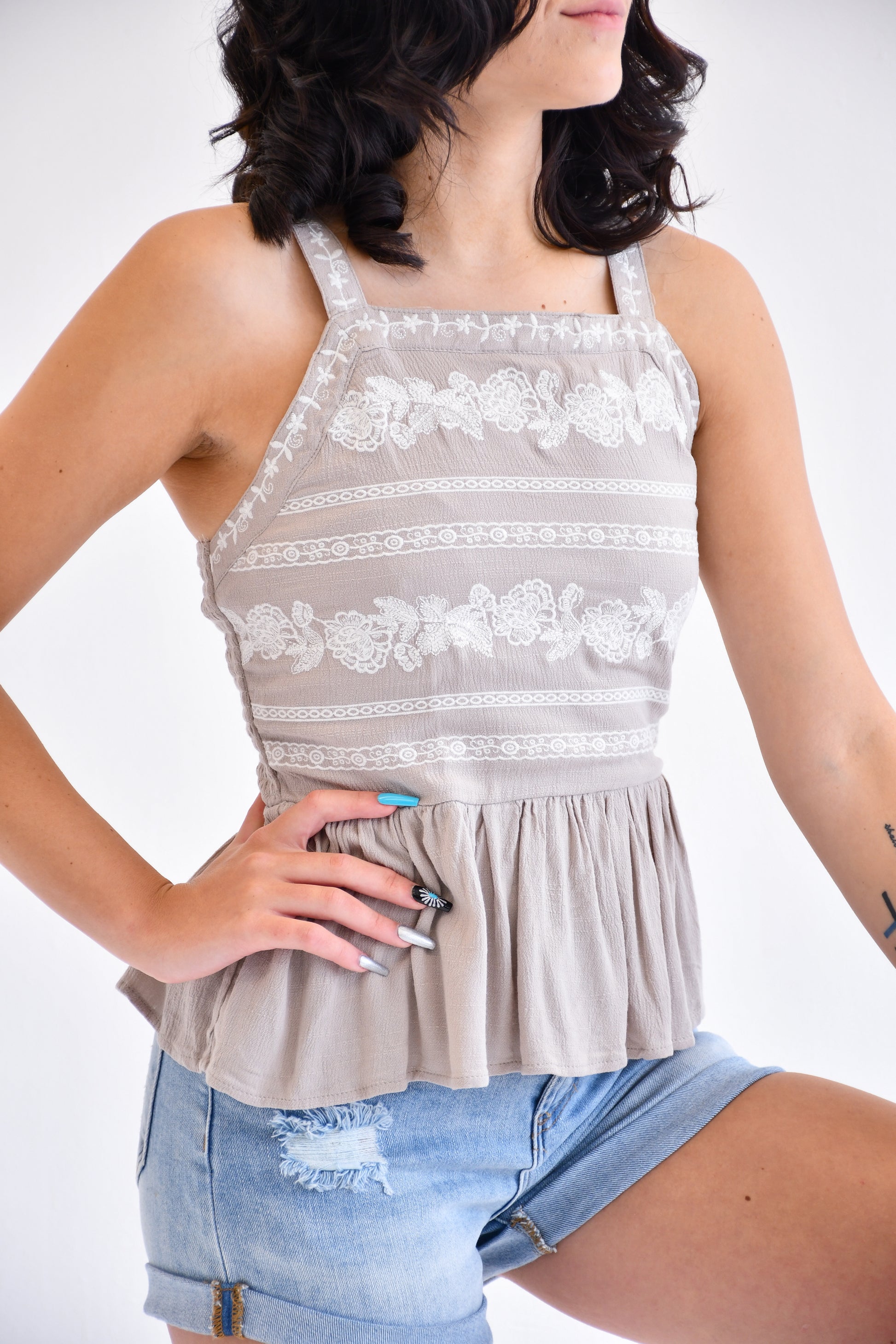 Kamdyn Embroidered Top,Tops,EMBROIDERED, Neutral, RUFFLE- DEFIANT