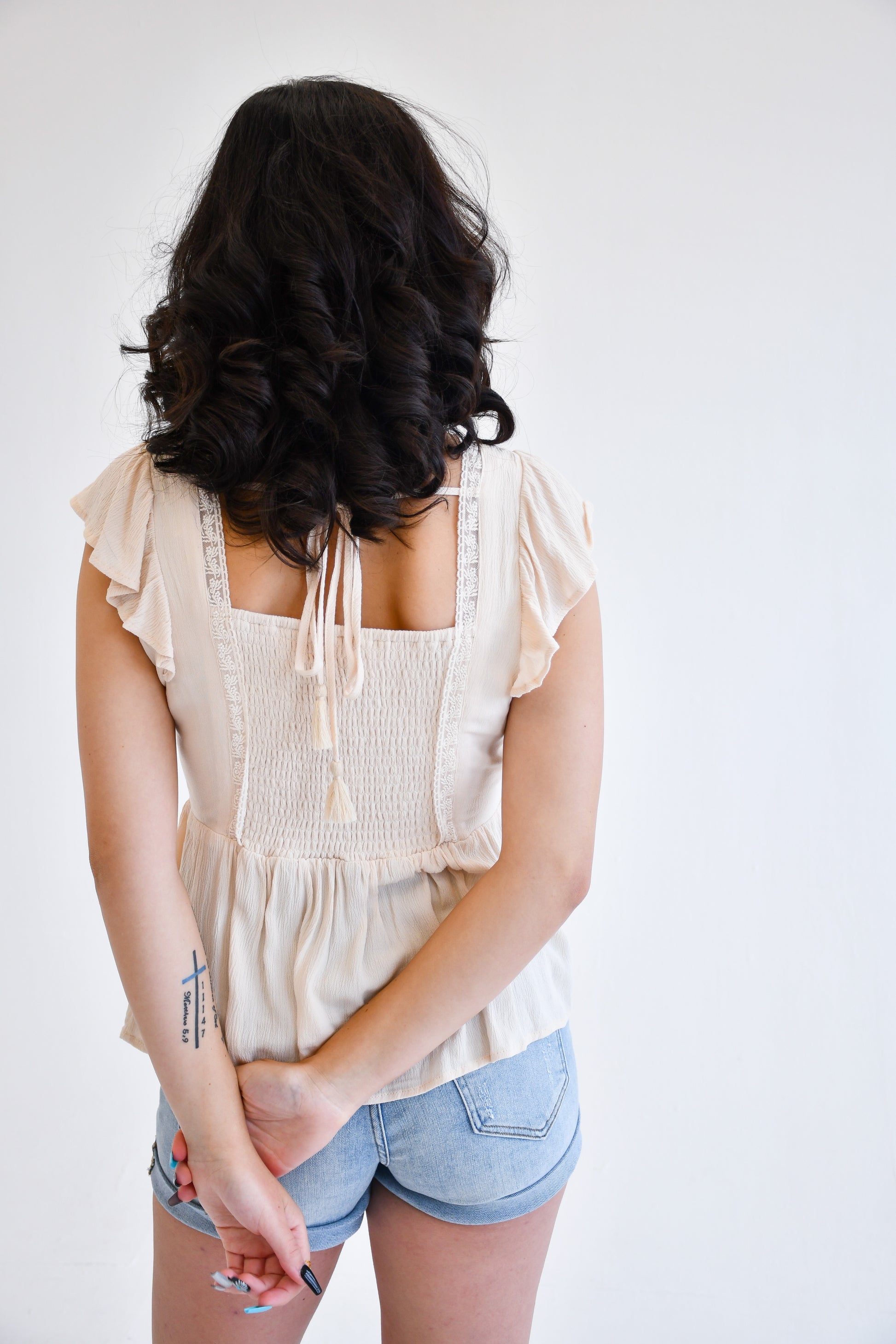 Endearing Lace Top,Tops,FLOWY, FLUTTER SLEEVE, LACE, TIE, V-NECK- DEFIANT